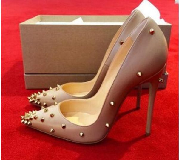 

2020 fashion and high qual new genuine leather heels shoes pointed toe women pumps rivet studded for wedding party dress stiletto woman size, Black