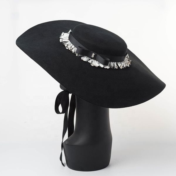 

deluxe wool felt woman short crown big brim hat with tie ribbon