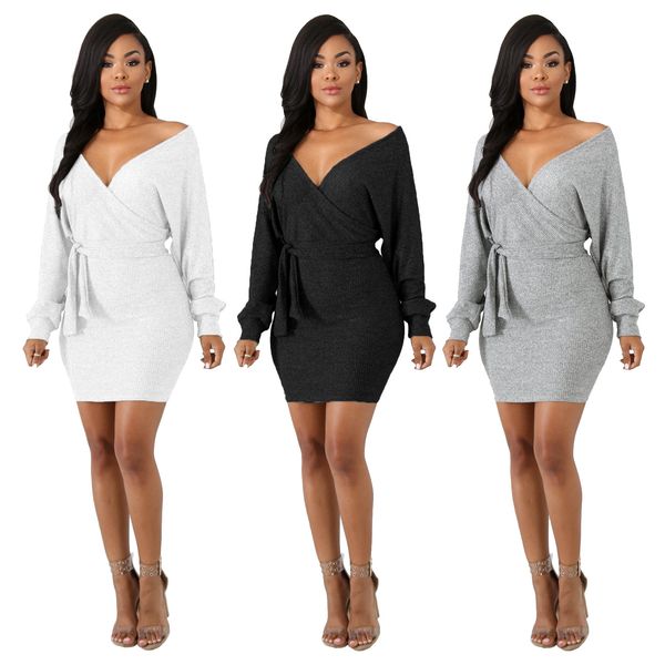 

женская одежда с длинным рукавом v-образным вырезом платья с поясом европейская и американская мода сексуальное платье, Black;gray