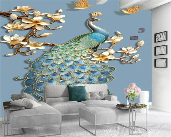 Benutzerdefinierte 3D-Tiertapete Schöner blauer Pfau Gold Magnolienblume Wohnzimmer Schlafzimmer Dekoration Wandtapete