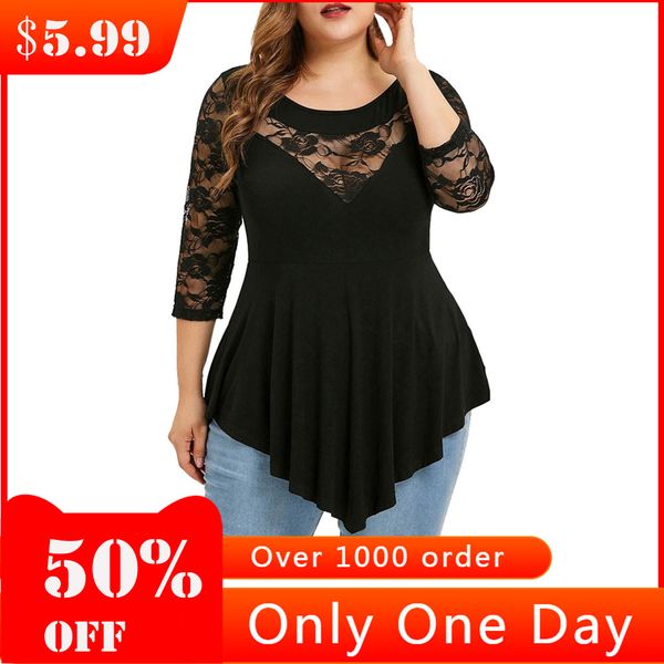 

plus size summer fashion lace blouse casual ladies solid irregular tee female women's 3/4 sleeve shirt blusas pullover, White