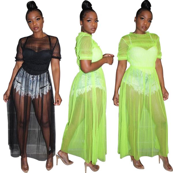 

womens sheer mesh ruched solid short sleeve see through maxi party dress beach cover up clubwear for summer, Black;gray