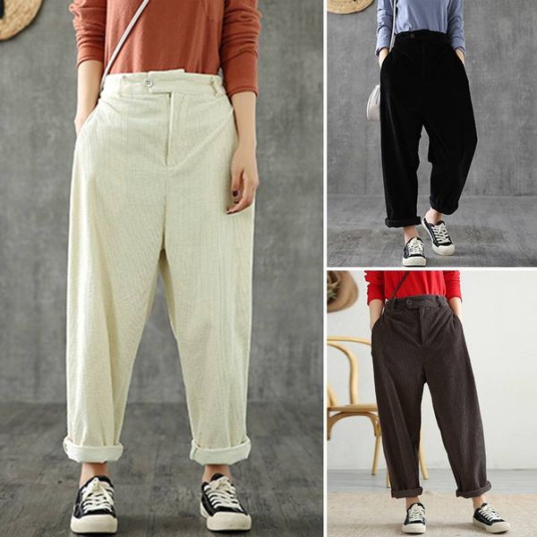 

women's pants & capris plus size corduroy 2021 zanzea vintage harem trousers spring elastic waist long turnip female button pantalon, Black;white
