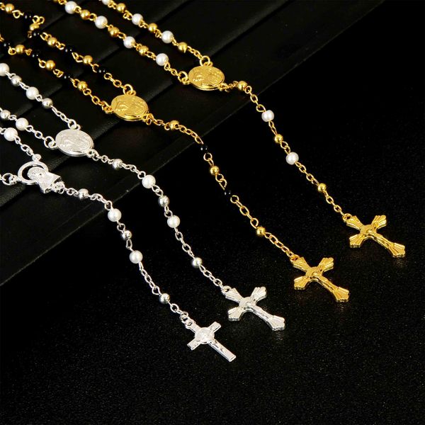 

24pcs/4mm rosary stainless steel beaded cross pendant necklace jesus, Silver