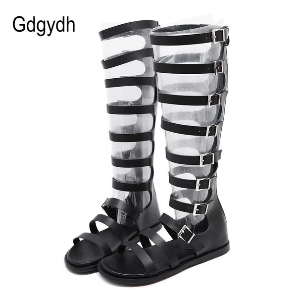 

gdgydh summer boots woman gladiator shoes woman rome style peep toe women over the knee boots flat heel zipper black gothic 2019