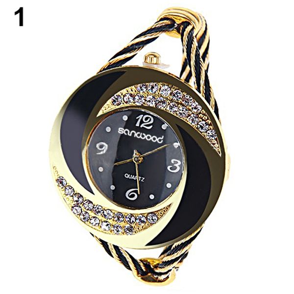 

women fashion spiral round rhinestone braid bangle cuff analog quartz bracelet watch, Slivery;brown