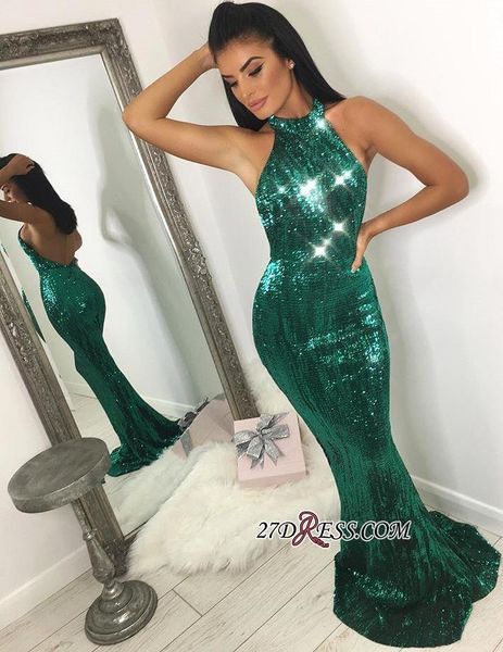 

green reflective sequins mermaid prom dresses 2019 backless black girl high neck long formal party gown plus size bc1744