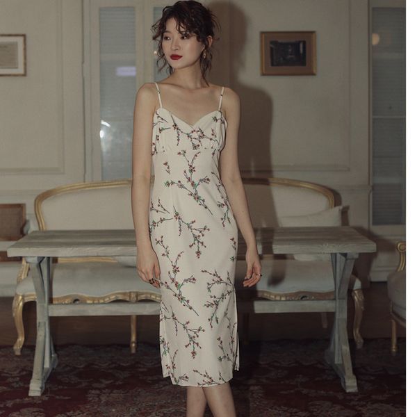 

2020 весна лето новые поступления без бретелек шеи слинг рукав печати шаблон женщины старинные середины икры прямое платье v725, Black;gray