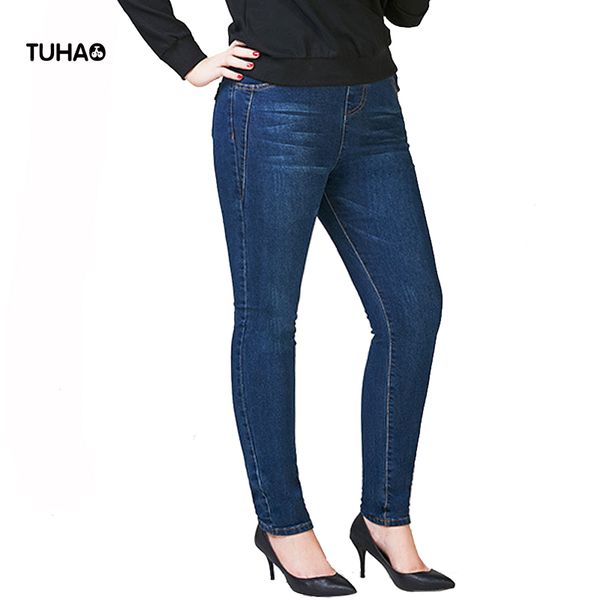 

elastic waist plus size jeans woman 2019 spring autumn mom jeans skinny pencil pants denim casual streetwear long trouser t98131, Blue