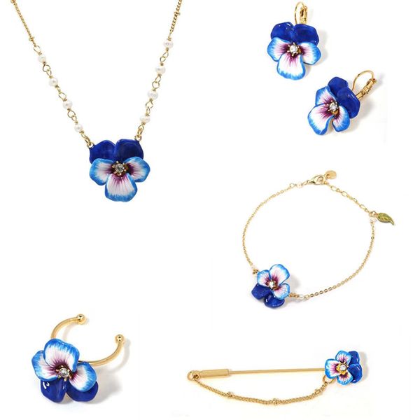 

2020 amybaby handmade enamel glaze pansy flower womens necklace stud earring bracelet brooch jewelry for party, Silver