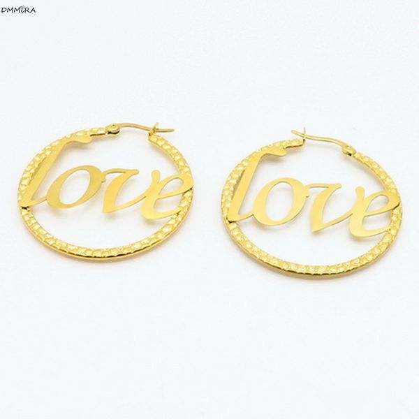 

2019 korea big letter lovers hoop women earrings gold silver stainless steel fashion round earrings lovers wedding party gift, Golden;silver