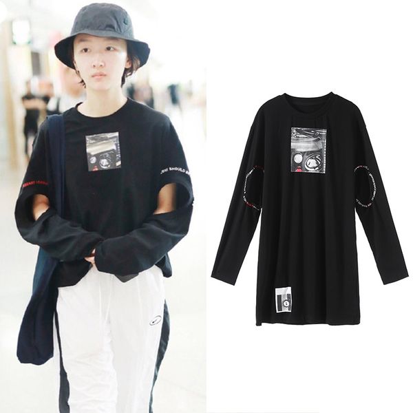 

new round neck long sleeve black letters long g0685 relaxed joker coat, White;black