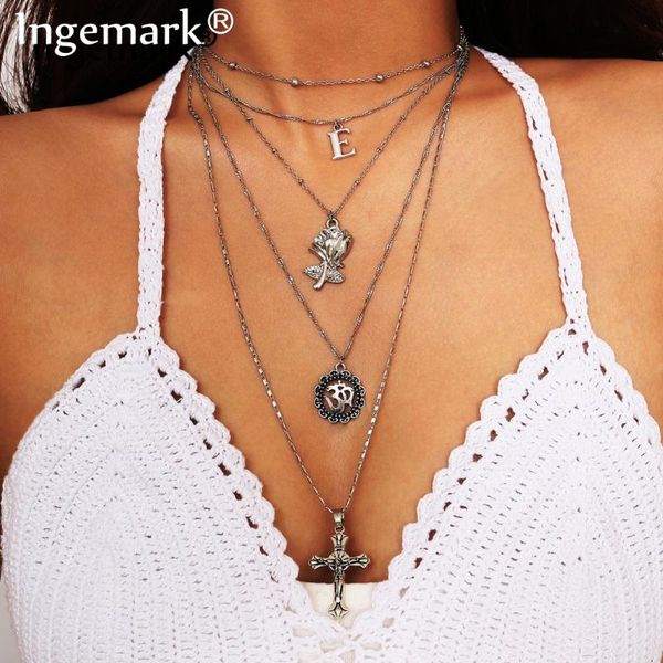 

ingemark bohemian multilayer beads choker necklace collar vintage christian jesus cross pendant long chain necklace for women, Silver