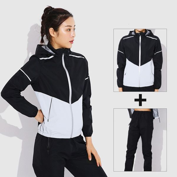 

sweat lose weight fitness running jogging sauna suit women pvc sport hoodies zipper coat +pants set sweating suits for workouts, Black;blue