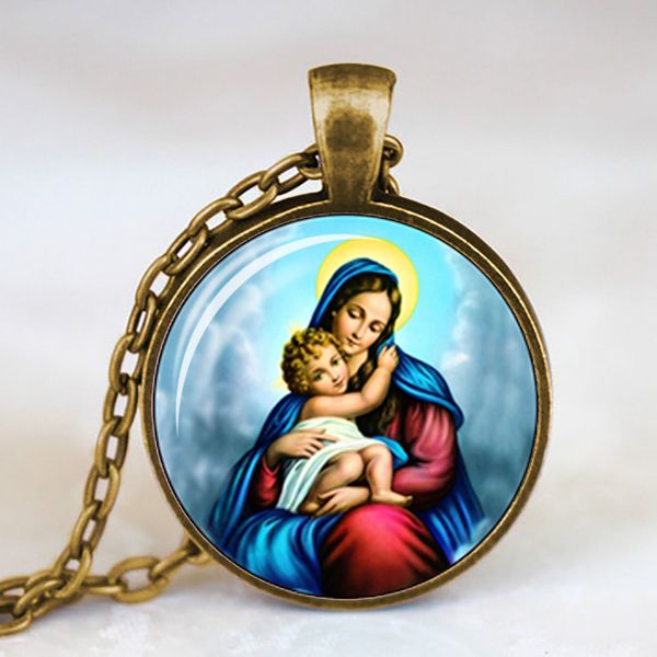 

blessed virgin mary mother of baby necklace jesus christ christian pendant catholic religious glass jewelry gift for men women, Silver