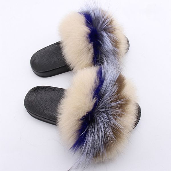 

wholesale fluffy mixed colors genuine real fox fur slides slippers for girls, Black