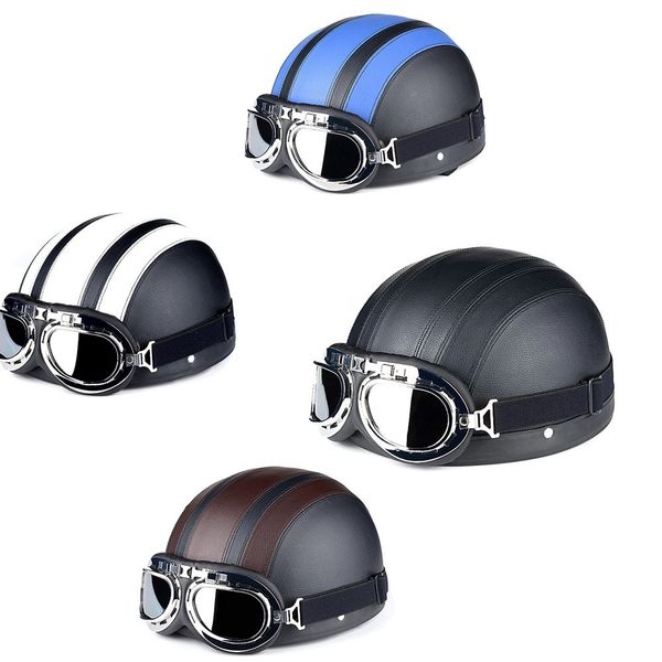

summer genuine leather vintage motor scooter open face half leather helmet with visor uv goggles retro vintage style