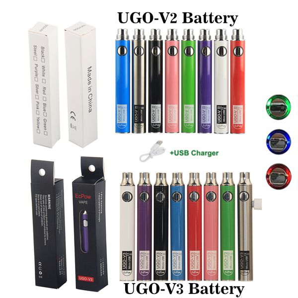 UGO-V II 2 510 Thread Vape Pen Ugo V3 Variable Spannung Vorheizbatterie 650mAh 900mAh Kits Evod Ego Micro USB Passthrough Vapes Batterien