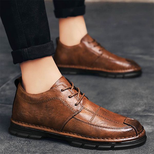 

outdoor leather men shoes loafers lace up comfortable moccasins flat casual boat driving shoes hand sewing gentleman footwear vi, Black