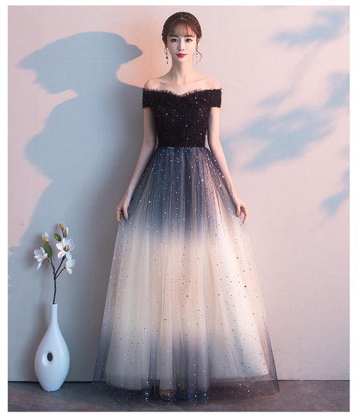 

jin is yarn off the shoulder long evening dress party festa long prom gown 2019 with gradient color sequins, White;black