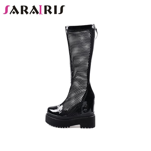 

sarairis large size 33-42 brand female round toe increasing height boots platform boots women geuine leather summer shoes woman, Black
