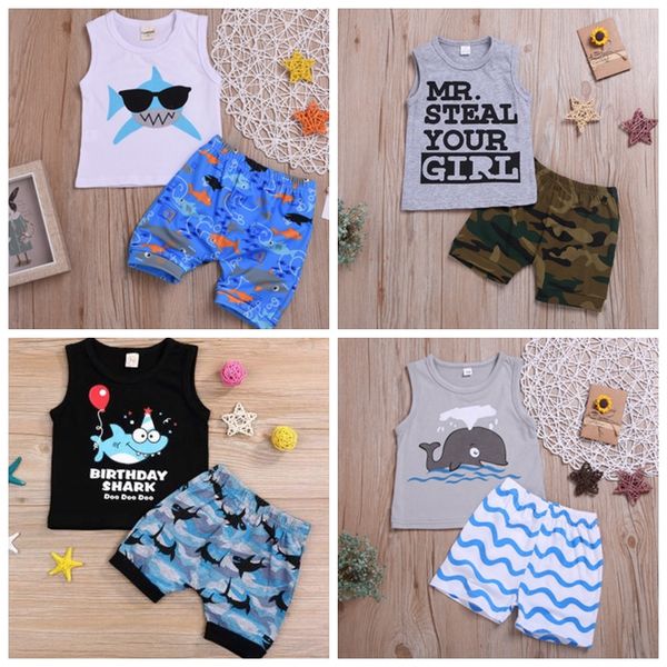 

kids designer clothes boys cartoon vest shorts 2pcs sets cotton sleeveless toddler boy outfits boutique baby clothing 5 designs dhw3709, White;black