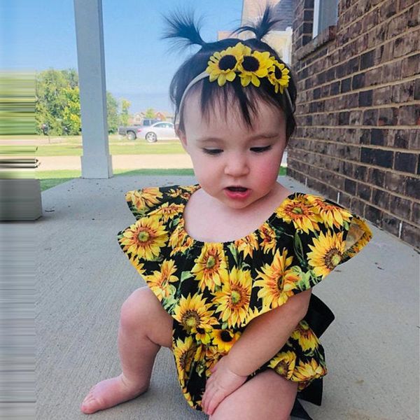 

newborn infant baby girls floral sunflower romper bodysuit headband outfits set infatn baby girls sunflower outfits set, White
