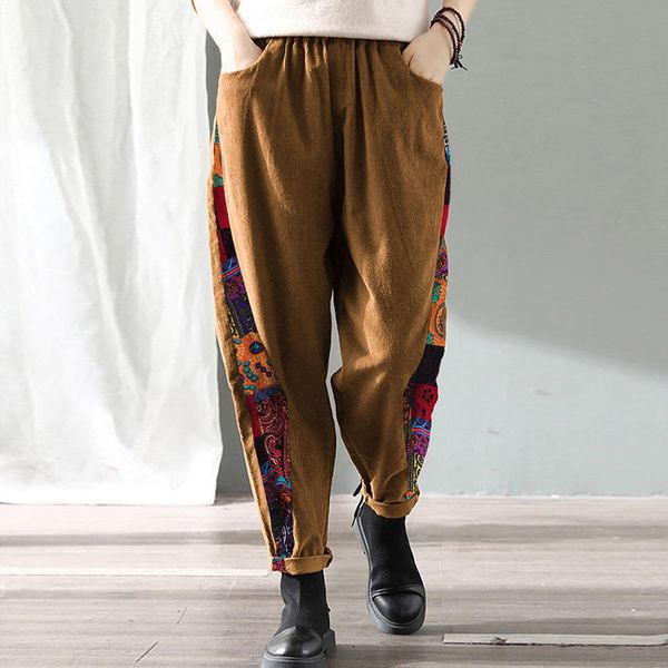 

женщины vintage повседневные брюки лоскутное печати вельвет эластичный пояс широкую ногу штаны мода streetwear свободные брюки, Black;white