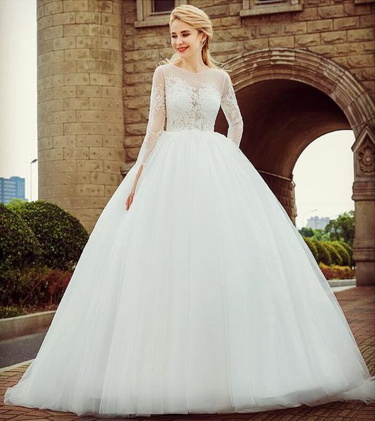 

high-quality fashion a-line wedding dresses new bride a word shoulder tail white round neck back button mop beach wedding dresses
