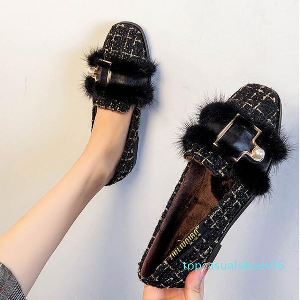 

mules shoes black/white mixed color fur flats women pearl buckle plush winter shoes comfy moccasins furry loafers women t06