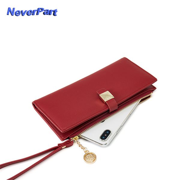 

long women's wallet mobile phone handbag bag wristlet leather moneybag female purse zipper lady clutch purses casual wallets, Red;black