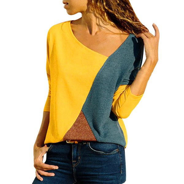 

camisas mujer women v-neck splicing color collision long sleeves plus size easy camisa feminina long sleeve tshirt women, White