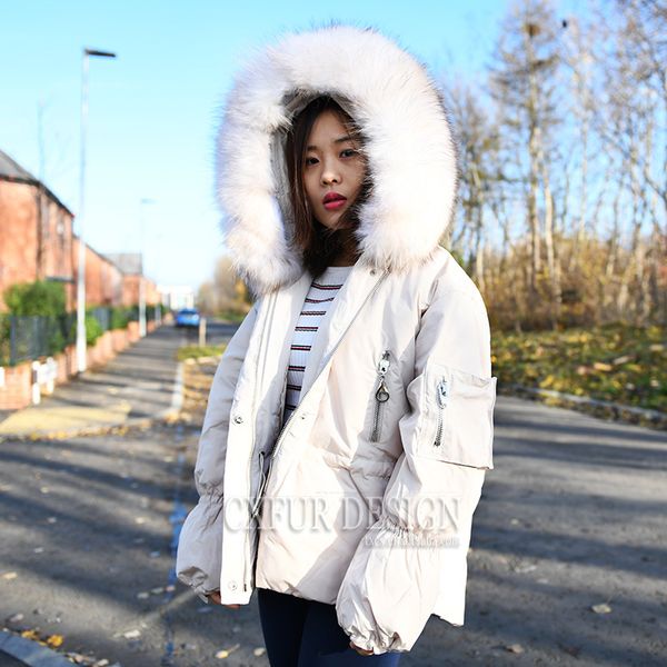 

cx-g-d-03e women winter warm real raccoon fur collar 100% duck down coat, Black;brown