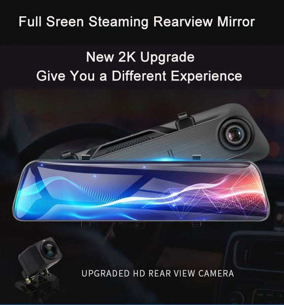 

2k автомобильное зеркало заднего вида dvr камера 12" full screen touch dual lens стрим медиа g-sensor черточки кулачок