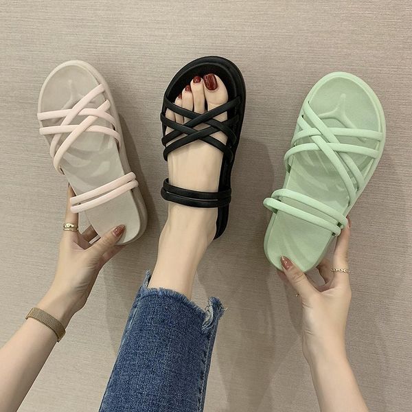 

flat shoes female slippers women summer pantofle slides fashion 2020 soft beach pu rubber rome basic flat shoes female, Black
