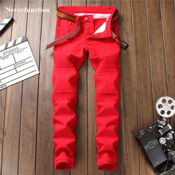 

men streetwear elasticity slim pleated patchwork straight biker jeans multiple zipper hip hop casual motorcycle denim pants, Blue