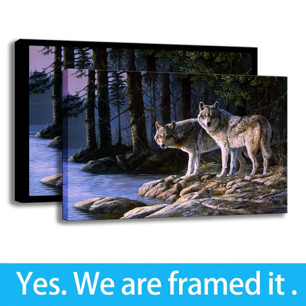 

animal art print on canvas home decor forest deer and wolves story - ready to hang - framed