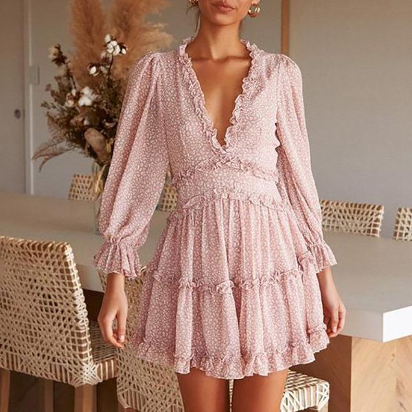

2020 new in fashion women summer layered dress female boho floral mini dress v-neck long puff sleeve bodycon chiffon, Black;gray