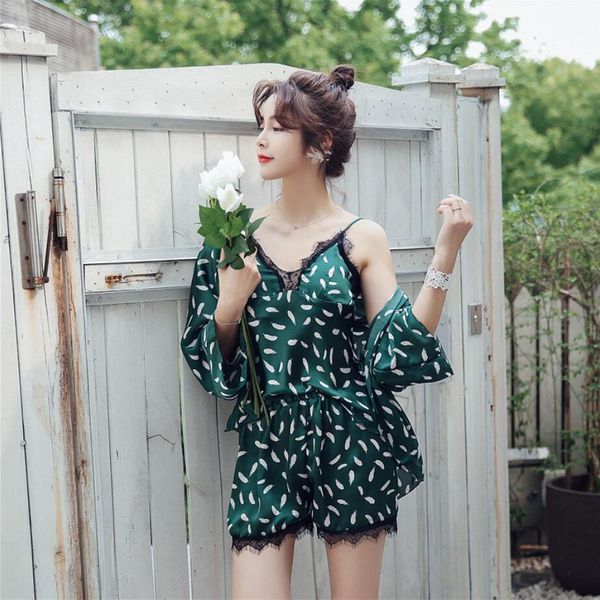 

green feather sleep lounge pajama set lace satin sleepwear women pyjamas women robe set nightwear pijamas shorts 963, Black;red