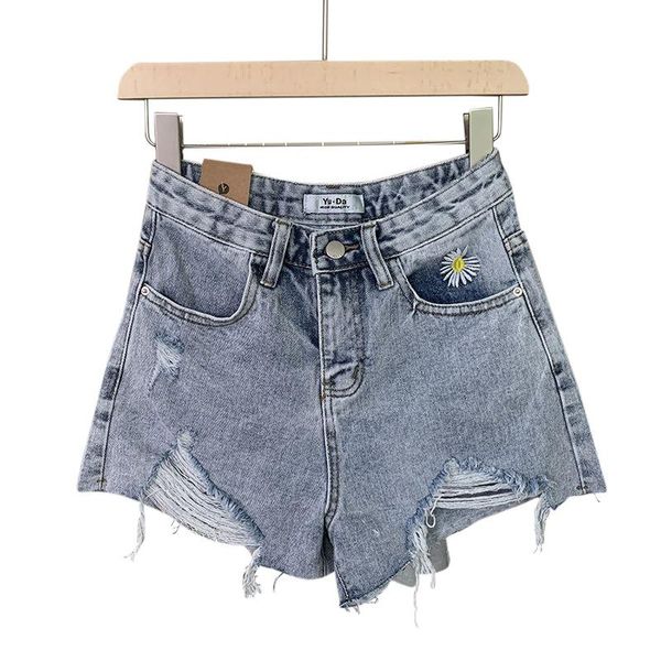 

missky 2020 new female shorts denim summer embroidery daisy loose hole wide leg shorts high waist for women, Blue