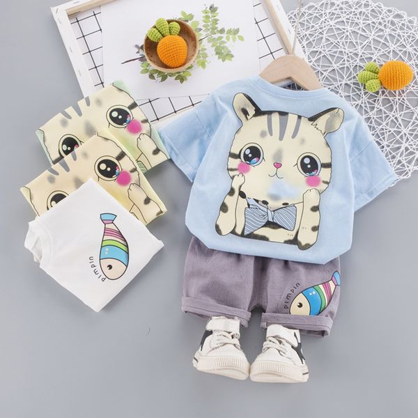 

baby girl clothes 4 colours cute fish boys clothing sets cartoon cat t-shirt+shorts 2pcs outfits summer casual kids clothes suit, White