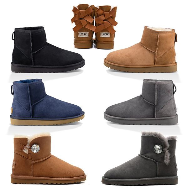 

2020 luxury designer women boots australia winter snow boots classic mini bailey bow button biling ankle kneel half boots girl brown 36-41, Black