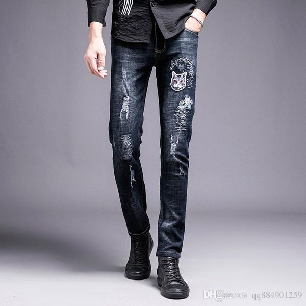 

brand new mens jeans mens pants distressed ripped biker jeans slim fit motorcycle biker denim jeans 2019 fashion designer pants, Blue
