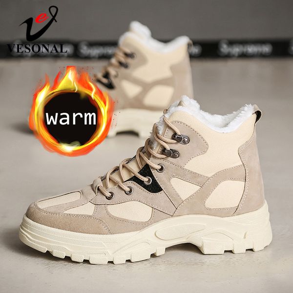 

vesonal 2019 new autumn winter fashion ankle snow men boots shoes with fur plush warm male fashion casual boot sneakers, Black