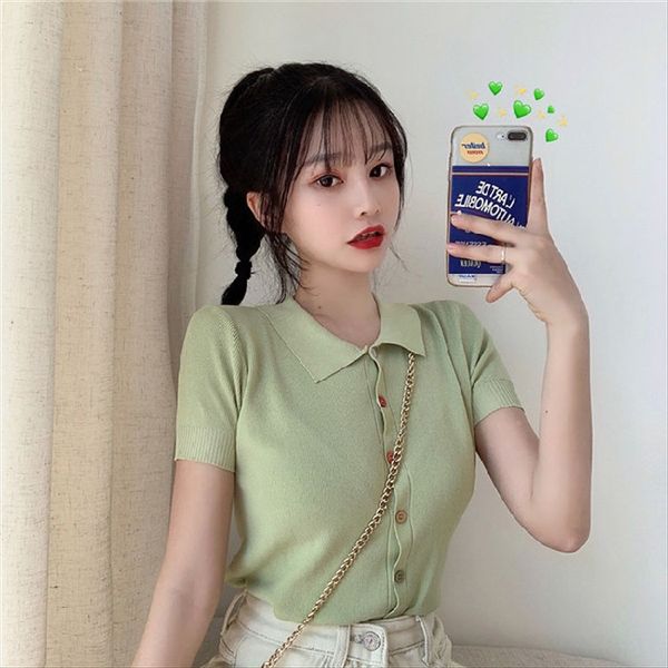 

2020 hipster polo collar slim short color button short sleeve female sweater button sweater, White