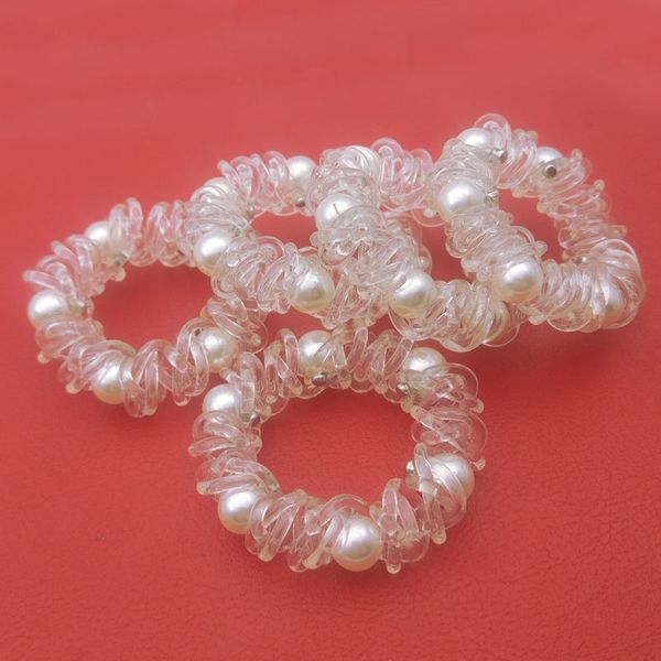 

wholesale 100pcs bead pearl braided transparent telephone elastic hair band wire cord line gum girl hair holder tie scrunchy, Slivery;white