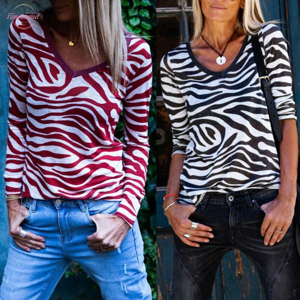 

women long sleeve t shirt 2020 new arrival casual loose zebra striped jumper shirts loose autumn baggy basic tee t shirt, White