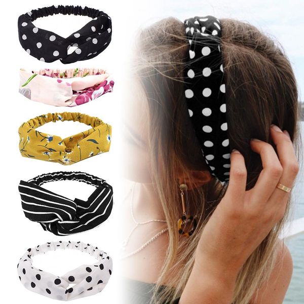

10pcs fashion women stripe flower dot headbands elastic cross hair band wrap hair care styling, Brown