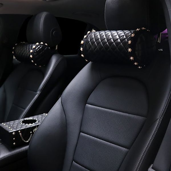 

cylindrical car headrest pillows pear pu leather plaid auto safety seat neck support pillow cover cushion head protector black