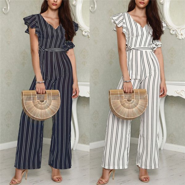 

2018 fashion women's striped jumpsuit clubwear playsuit party ruffles v-neck romper new ladies chiffon jumpsuits long trousers, Black;white